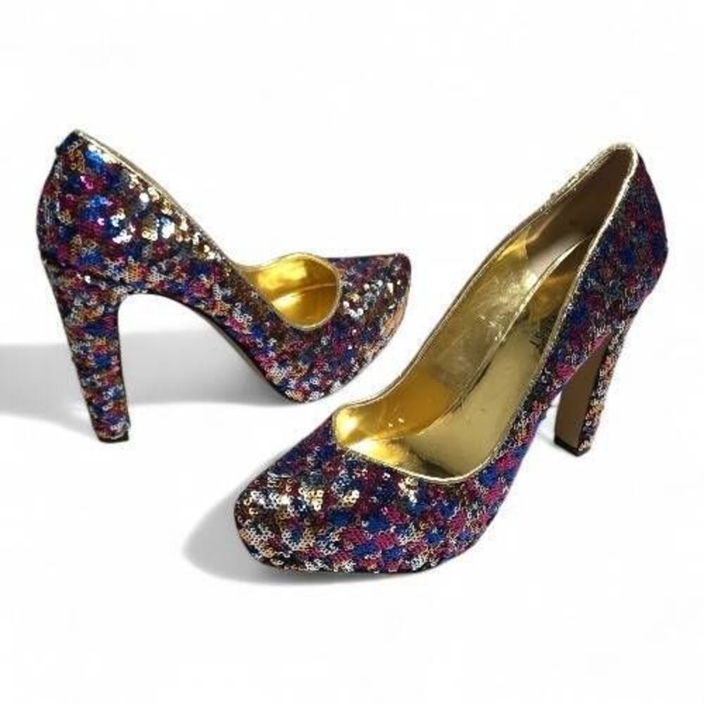 Nine West Cress Multi-Color Sequin Platform Pumps | Glam Party Heels | Size 6.5
